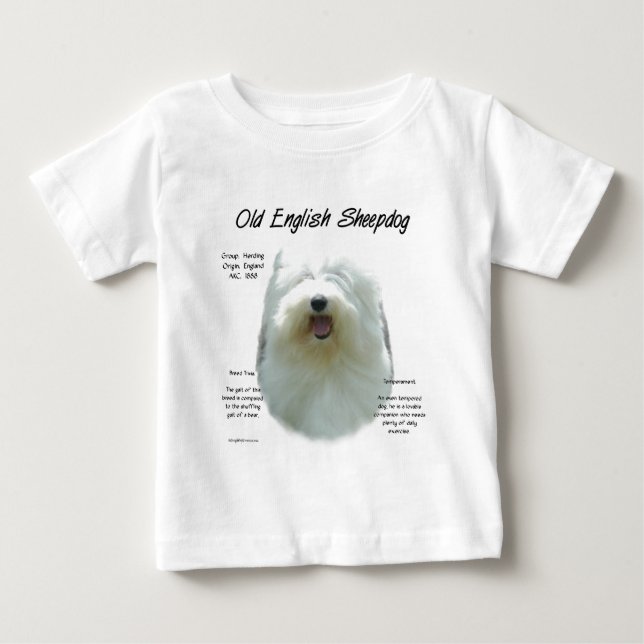 Camiseta Para Bebê Antigo Design de História do Sheepdog Inglês (Frente)