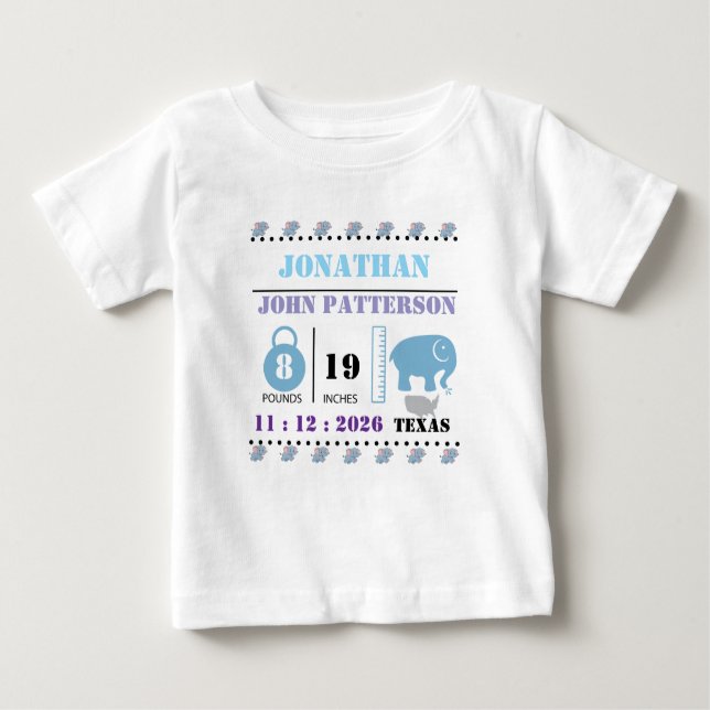 Camiseta Para Bebê Anúncio de Nascimento de Elefante Bebê Azul Fofo (Frente)