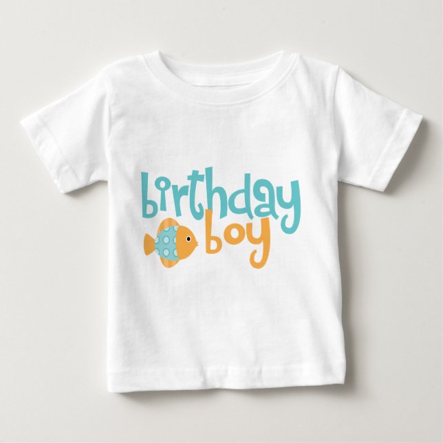 Camiseta Para Bebê Aqua e Peixe Laranja, Garoto de Aniversário (Frente)