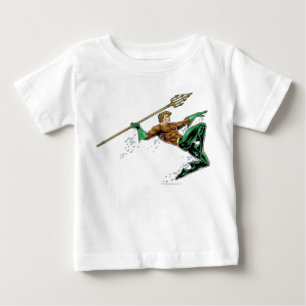 Camiseta Para Bebê Aquaman Pulando com Lança