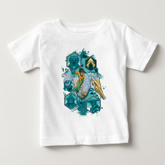Camiseta Para Bebê Aquaman Riding Seacavalo através dos reinos (Frente)