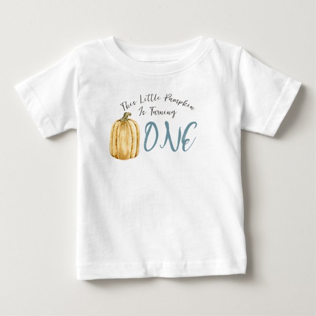 Camiseta Para Bebê Aquarela Azul Abóbora Pequena Menino Aniversário (Frente)