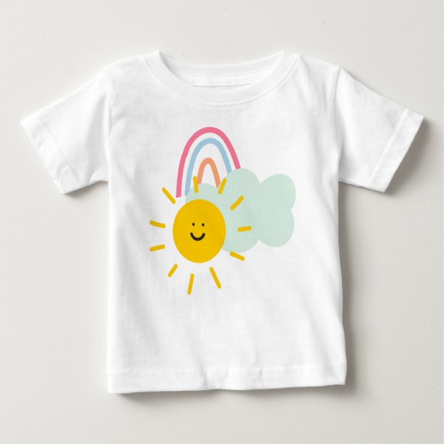 Camiseta Para Bebê Aquarela Boho Arco-íris e Sol (Frente)
