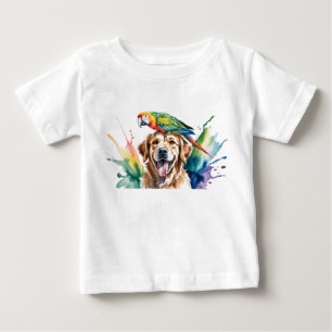 Camiseta Para Bebê Aquarela de Arara e um Retriever Dourado