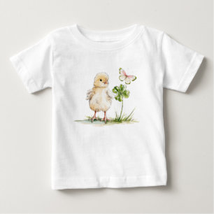 Camiseta Para Bebê Aquarela de Frango com Trevo de Quatro Folhas
