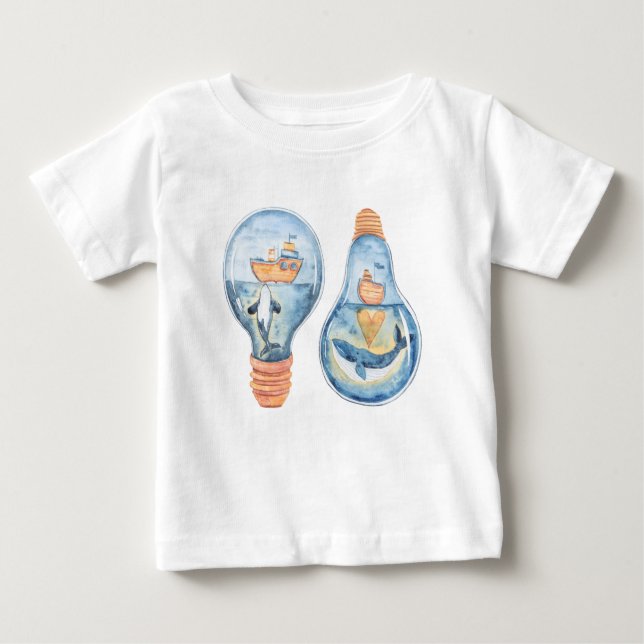 Camiseta Para Bebê Aquarela Oceânica Lâmpada Luminosa Baleia-jubarte  (Frente)