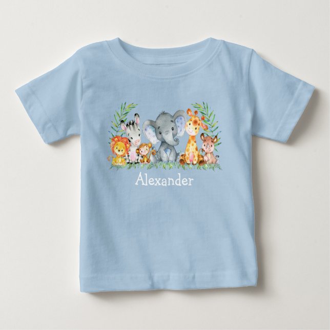 Camiseta Para Bebê Aquarela Safari Bebês Azul (Frente)