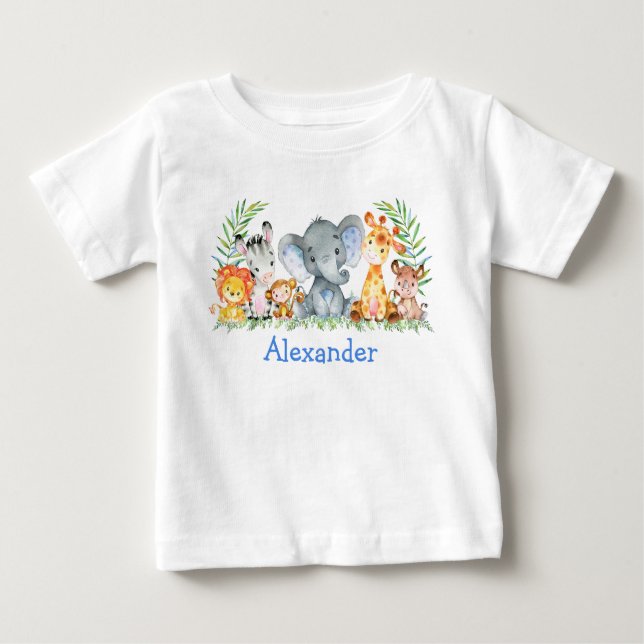 Camiseta Para Bebê Aquarela Safari Bebês Elefante Azul (Frente)