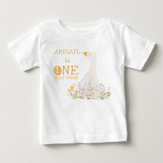 Camiseta Para Bebê Aquarela Um Ganso Tolo Flor Silvestre 1º Aniversár (Frente)