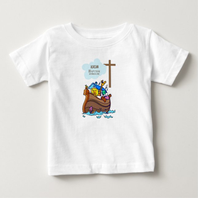 Camiseta Para Bebê Arca de Noah, Batismo Menino, Animais Bons Persona (Frente)