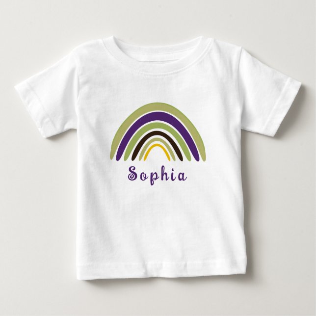 Camiseta Para Bebê Arco-íris Boho com Nome Personalizado em Verde  (Frente)