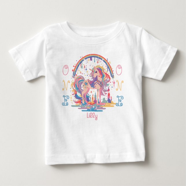 Camiseta Para Bebê Arco-Íris Mágico da Primeira Festa de aniversário (Frente)