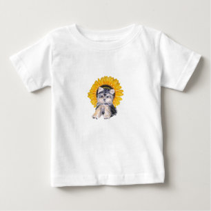 Camiseta Para Bebê Arte de cachorro Yorkshire fofo e girassol