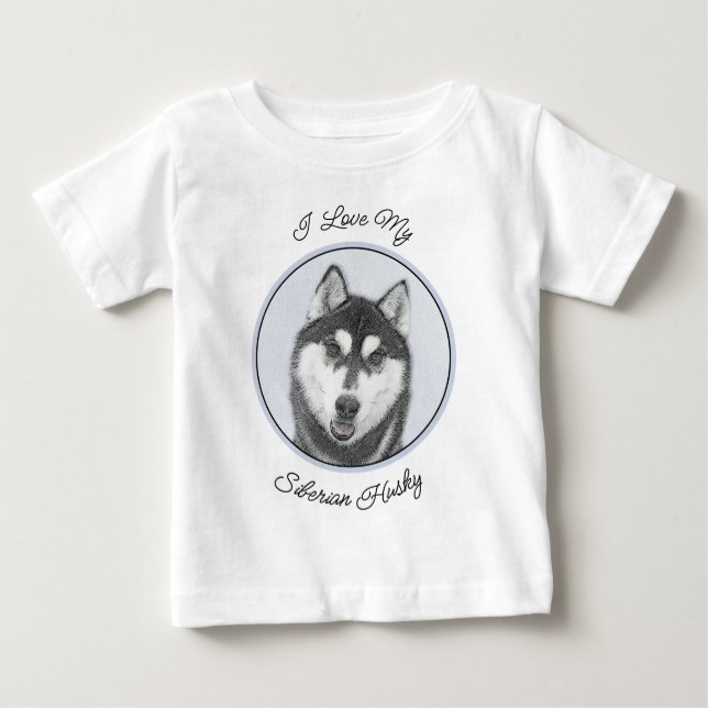 Camiseta Para Bebê Arte de Cão Siberiana (Preto e Branco) (Frente)
