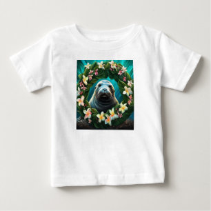 Camiseta Para Bebê Arte de desenho animado de foca-monge havaiana com
