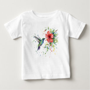 Camiseta Para Bebê Arte Floral em Aquarela de Beija-flor Colorido da