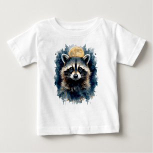 Camiseta Para Bebê Arte Florestal Lunar de Guaxinim Celestial em Aqua