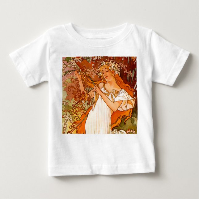 Camiseta Para Bebê Arte Nova da Primavera de Alphonse Mucha (Frente)