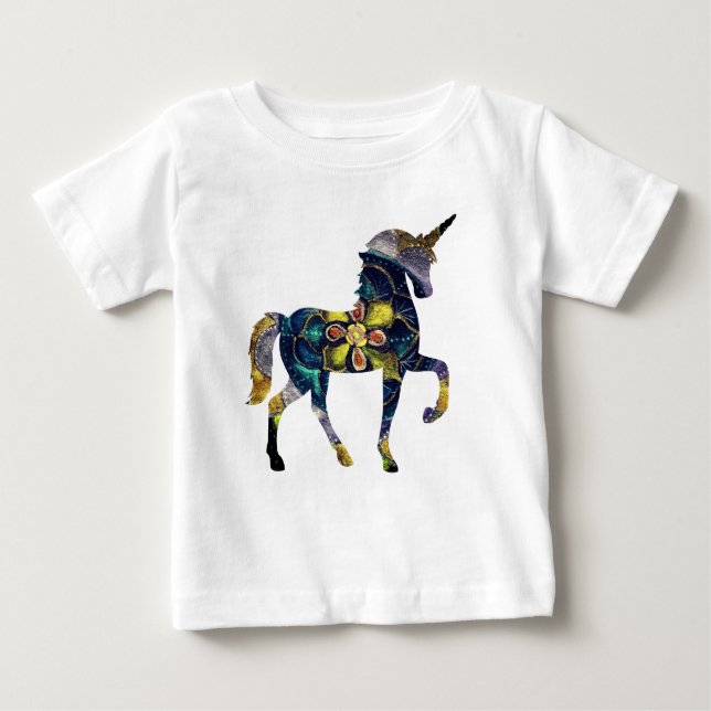 Camiseta Para Bebê Arte Unicórica de Mandala Preta e Dourada (Frente)