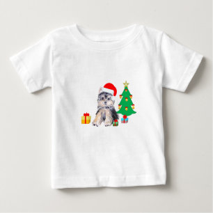 Camiseta Para Bebê Árvore de Natal, cachorro fofo Yorkshire e present