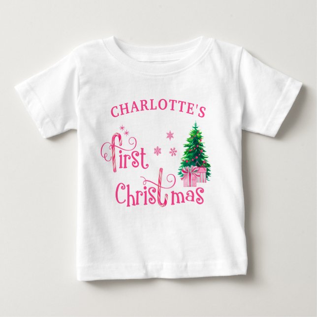 Camiseta Para Bebê Árvore de Natal de 1rua e Garota de Cané Rosa (Frente)