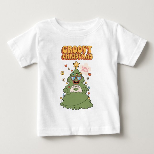 Camiseta Para Bebê Árvore de Natal de Groovy - Holly Jolly Vibes (Frente)
