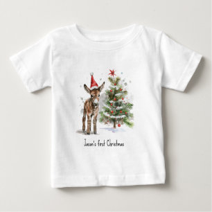 Camiseta Para Bebê Árvore de Natal e Burro do Primeiro Natal do Bebê