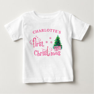 Camiseta Para Bebê Árvore de Natal e Menina com Cana-de-Açúcar Rosa n