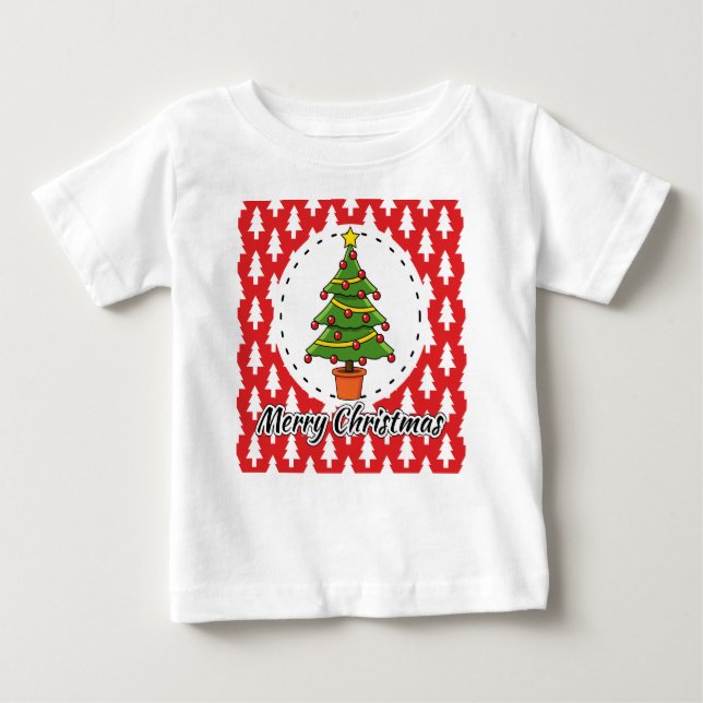 Camiseta Para Bebê Árvore de Natal sobre Pinheiros Vermelhos - Feliz  (Frente)