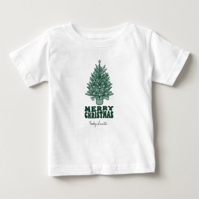 Camiseta Para Bebê Árvore de Natal Verde Retrô Caprichosa (Frente)