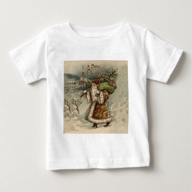 Camiseta Para Bebê Árvore de Natal Vitoriana Santa Claus (Frente)