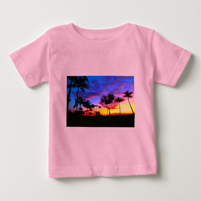 Camiseta Para Bebê Árvores de Palma de Praia Havaiana, Exóticas, Verm (Frente)