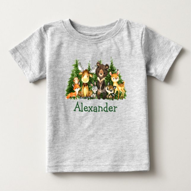 Camiseta Para Bebê Árvores Florestais De Animais Da Floresta De Aquar (Frente)