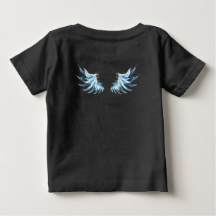 Camiseta Para Bebê Asas Anjos Azuis Brilhantes em fundo preto