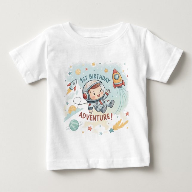 Camiseta Para Bebê Astronauta Estrelas Foguete Planeta Menino 1º Aniv (Frente)