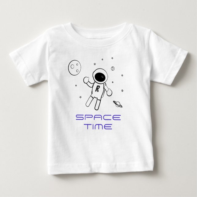 Camiseta Para Bebê Astronauta no Espaço - Arte em Preto, Branco e Rox (Frente)