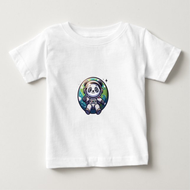 Camiseta Para Bebê Astronauta Panda giro flutuando na frente da terra (Frente)