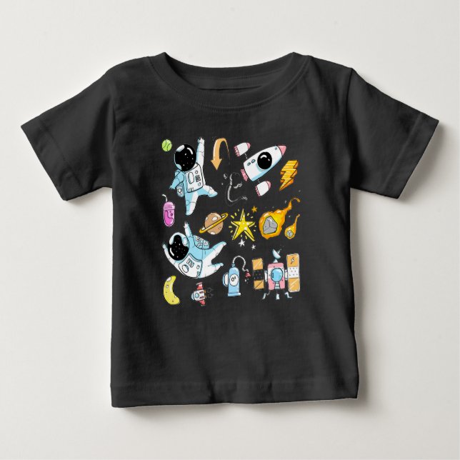 Camiseta Para Bebê Astronautas bonitos em Doodles Espaciais (Frente)