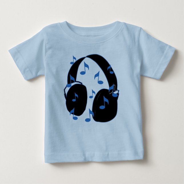Camiseta Para Bebê Auriculares com notas musicais para o bebê no azul (Frente)