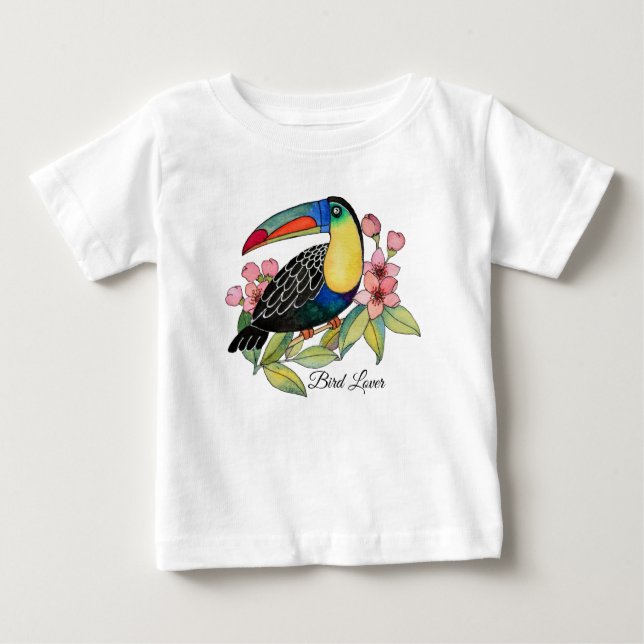 Camiseta Para Bebê Ave De Toucador De Aquarela Com Flores (Frente)