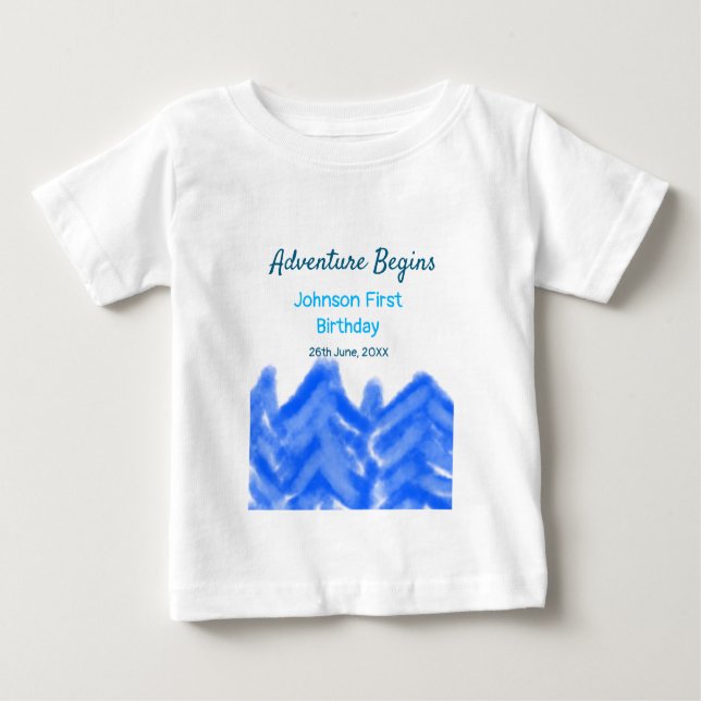 Camiseta Para Bebê Aventura Azul Aqua inicia montanha primeiro aniver (Frente)