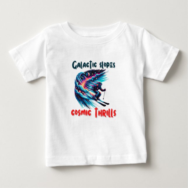 Camiseta Para Bebê Aventura de Esqui Cósmico no Espaço (Frente)