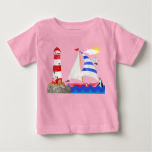 Camiseta Para Bebê Aventura de Navegação Ensolarada Farol de Barco à