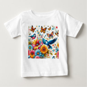 Camiseta Para Bebê Aves Coloridas Borboletas Flores Modelo Cute