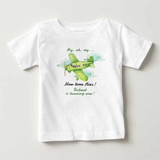 Camiseta Para Bebê Avião Meu Tempo Voa Viagem Primeiro Aniversário (Frente)