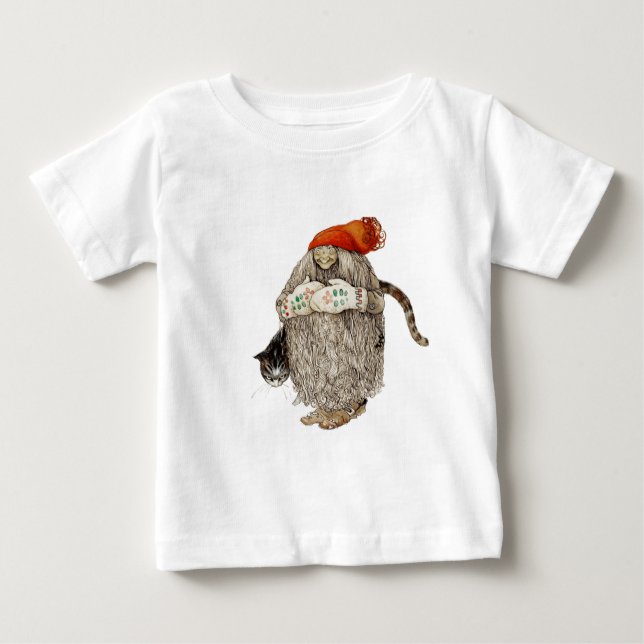 Camiseta Para Bebê Avó Natal Tomten com Gato de Cinza (Frente)