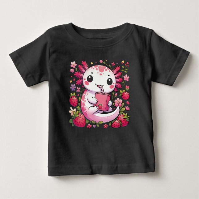 Camiseta Para Bebê Axolotl Bebendo Japonês Leite de Morango (Frente)