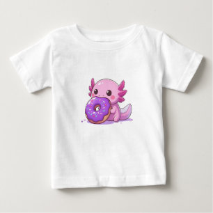 Camiseta Para Bebê Axolotl come rosquinhas roxas.