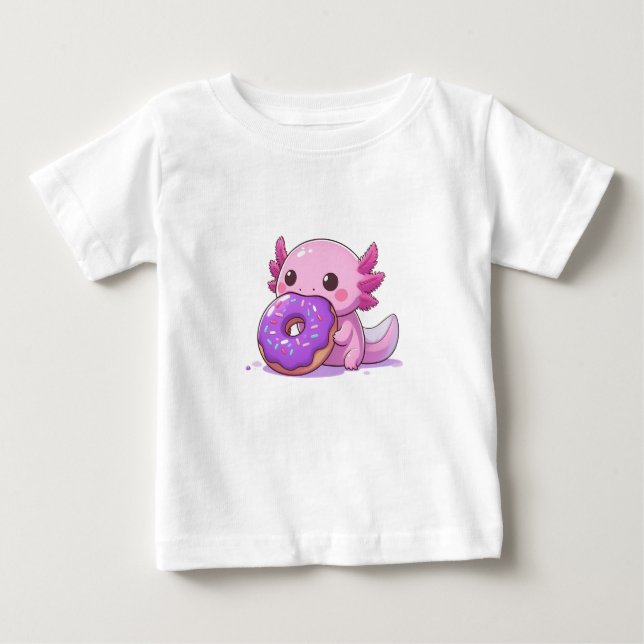 Camiseta Para Bebê Axolotl come rosquinhas roxas. (Frente)