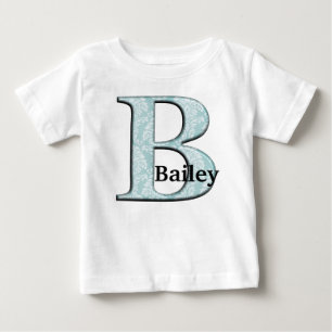Camiseta Para Bebê Azul, Damasco Floral Impressão B, iniciais do mono